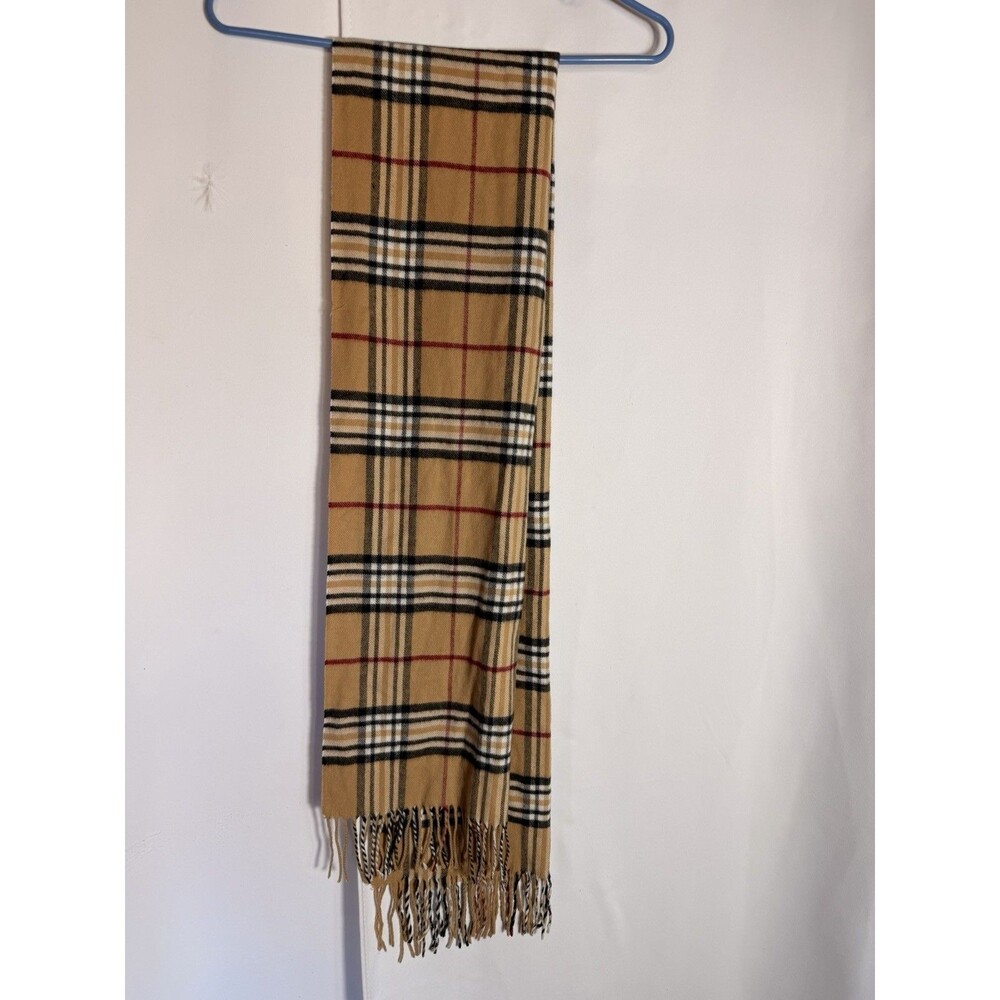 V Fraas Cashmink Scarf Plaid Tan Camel Beige Fringe Made in Germany Unisex